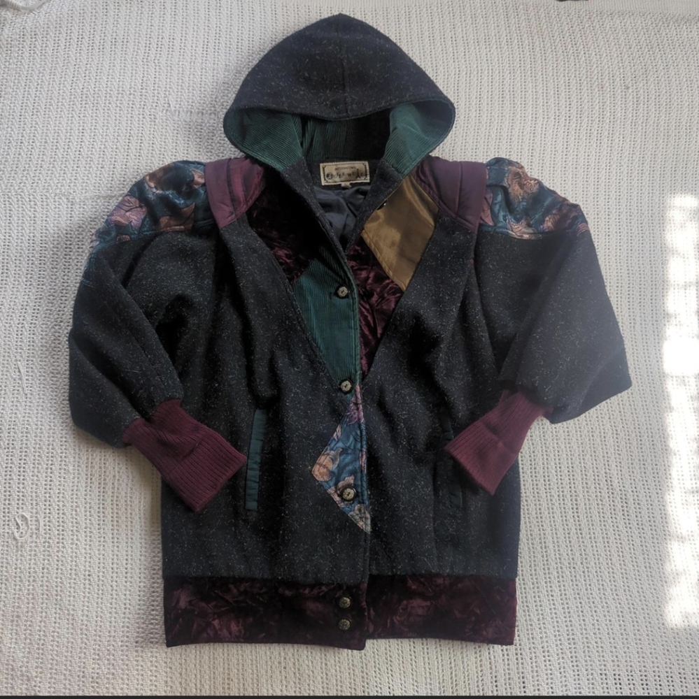VTG 90s Color Block Oversized Coat Retro Multicolor Patchwork Jacket Medium Wool